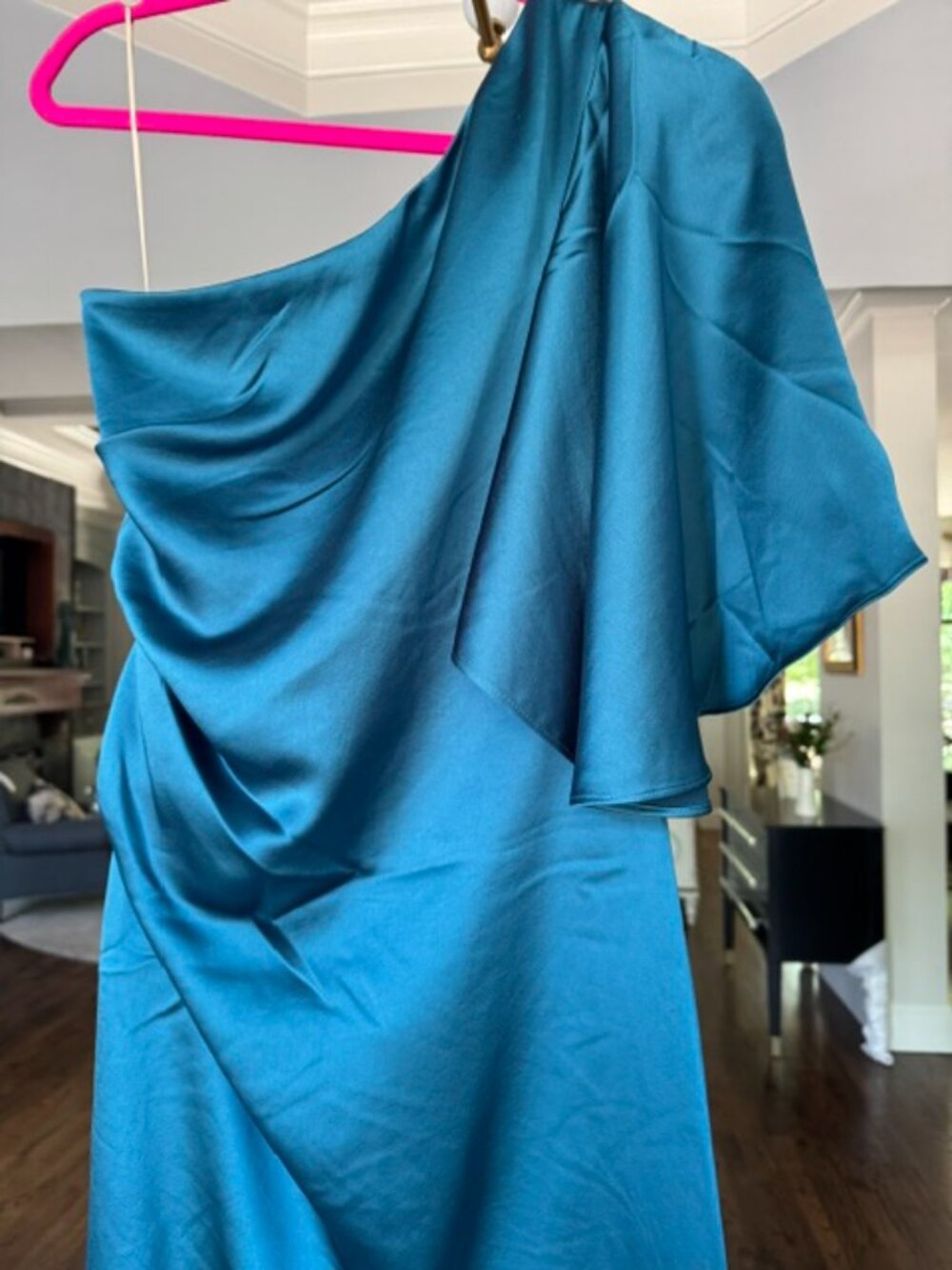 Trina Turk Teal Silk Cocktail One-Shoulder Dress